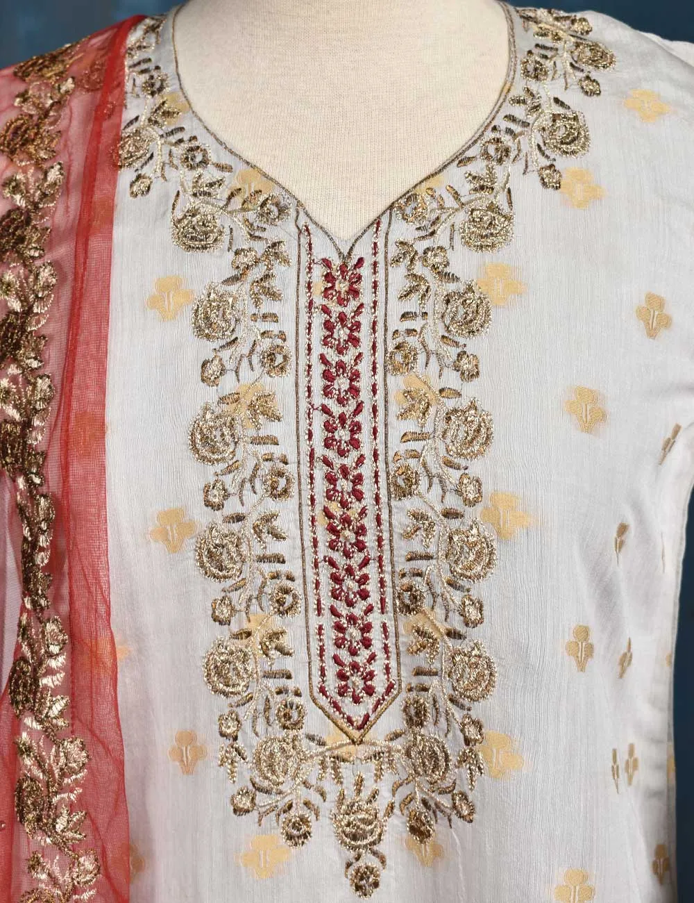 Jacquard Paper Cotton with Embroidered Net Dupatta &amp; Malai Silk Trouser - Royal Red (RTW-1-Grey)