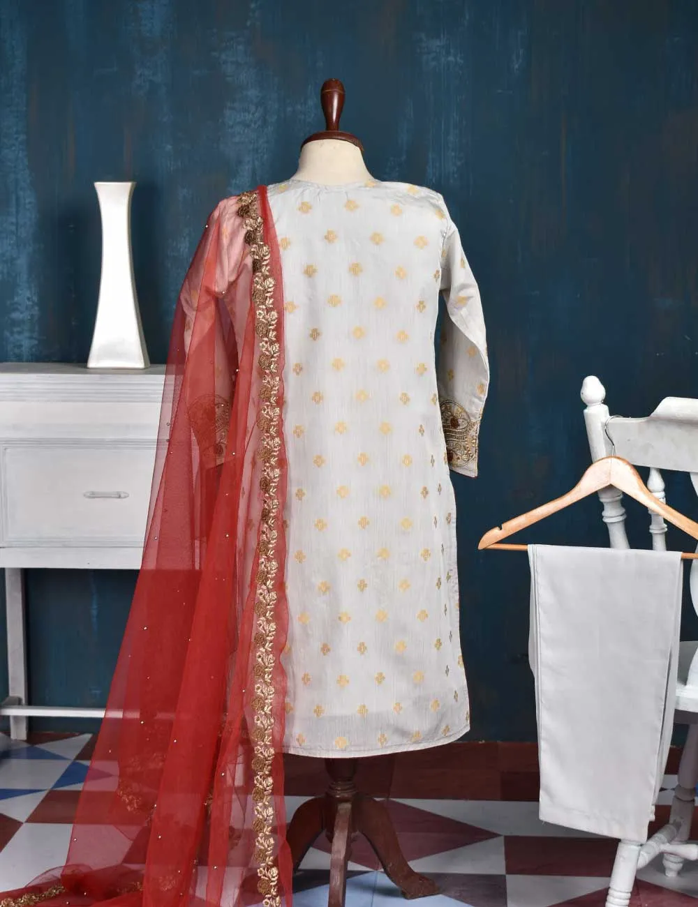Jacquard Paper Cotton with Embroidered Net Dupatta &amp; Malai Silk Trouser - Royal Red (RTW-1-Grey)