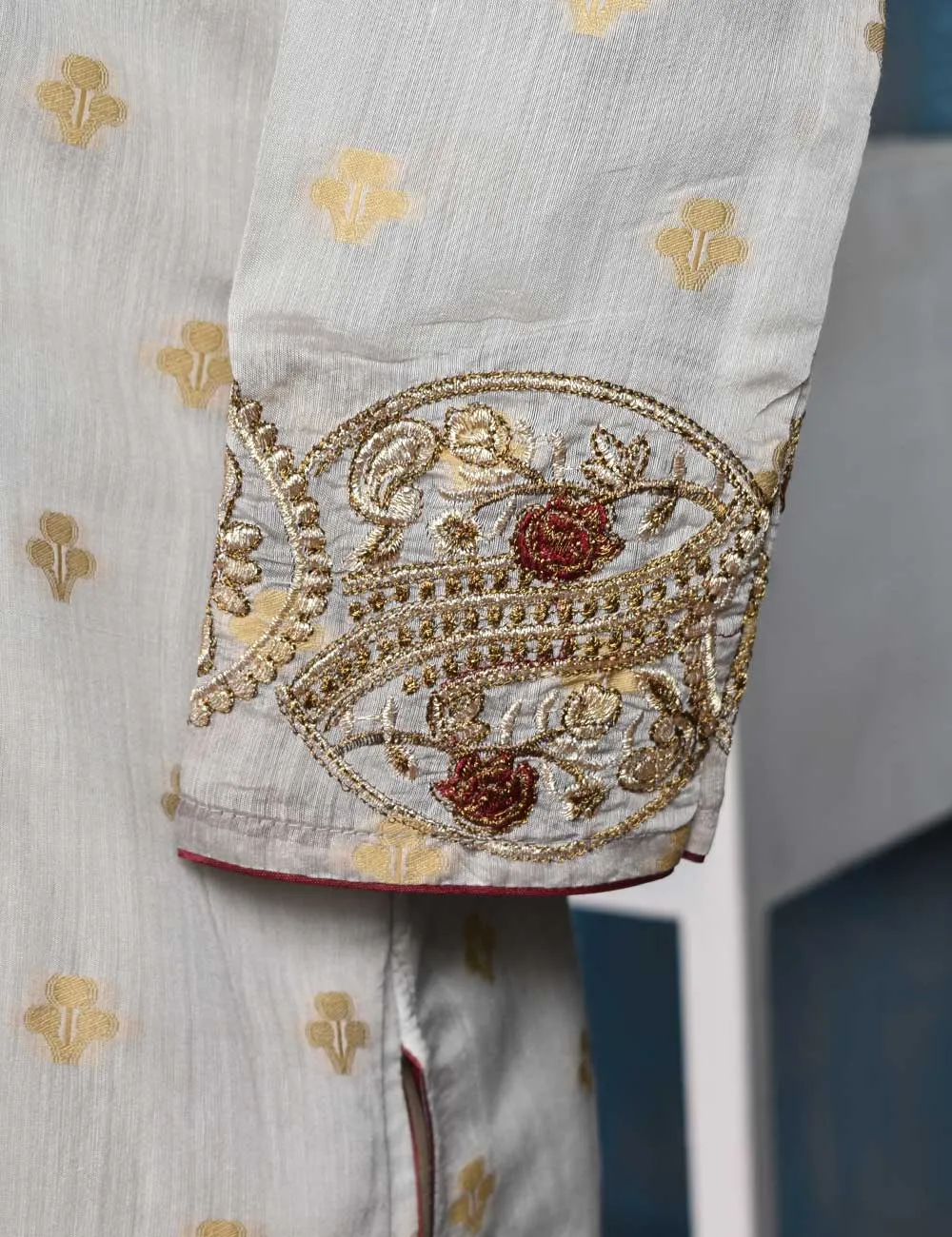 Jacquard Paper Cotton with Embroidered Net Dupatta &amp; Malai Silk Trouser - Royal Red (RTW-1-Grey)