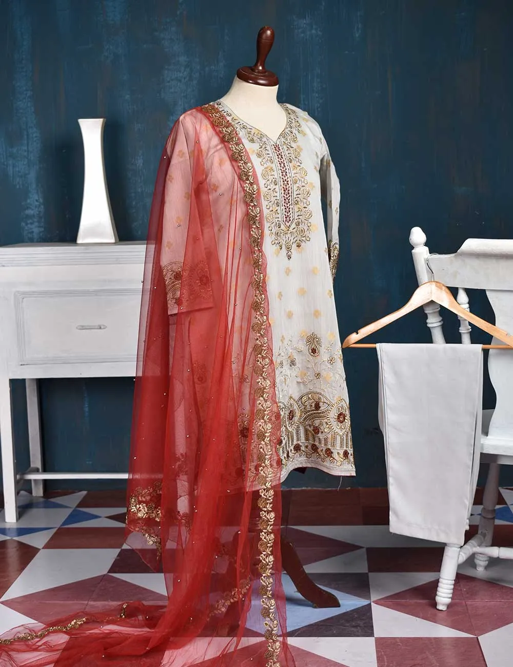 Jacquard Paper Cotton with Embroidered Net Dupatta &amp; Malai Silk Trouser - Royal Red (RTW-1-Grey)