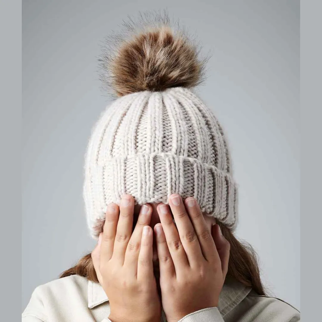 Kids Chunky Pom Pom Beanie - Oatmeal