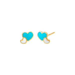 Kids Enamel Double Heart Stud Earring 14K