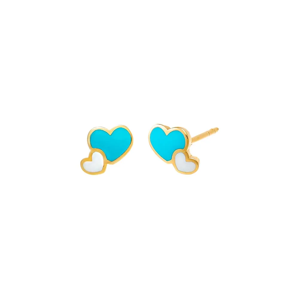 Kids Enamel Double Heart Stud Earring 14K