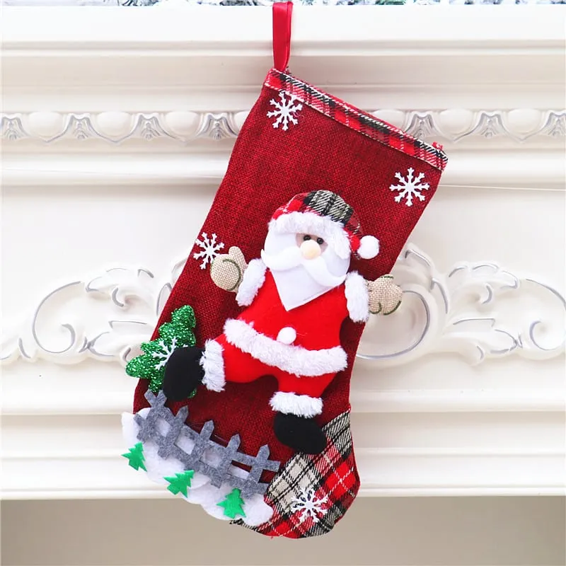 Large Burlap Christmas Stocking with Santa Claus Design