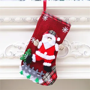 Large Burlap Christmas Stocking with Santa Claus Design