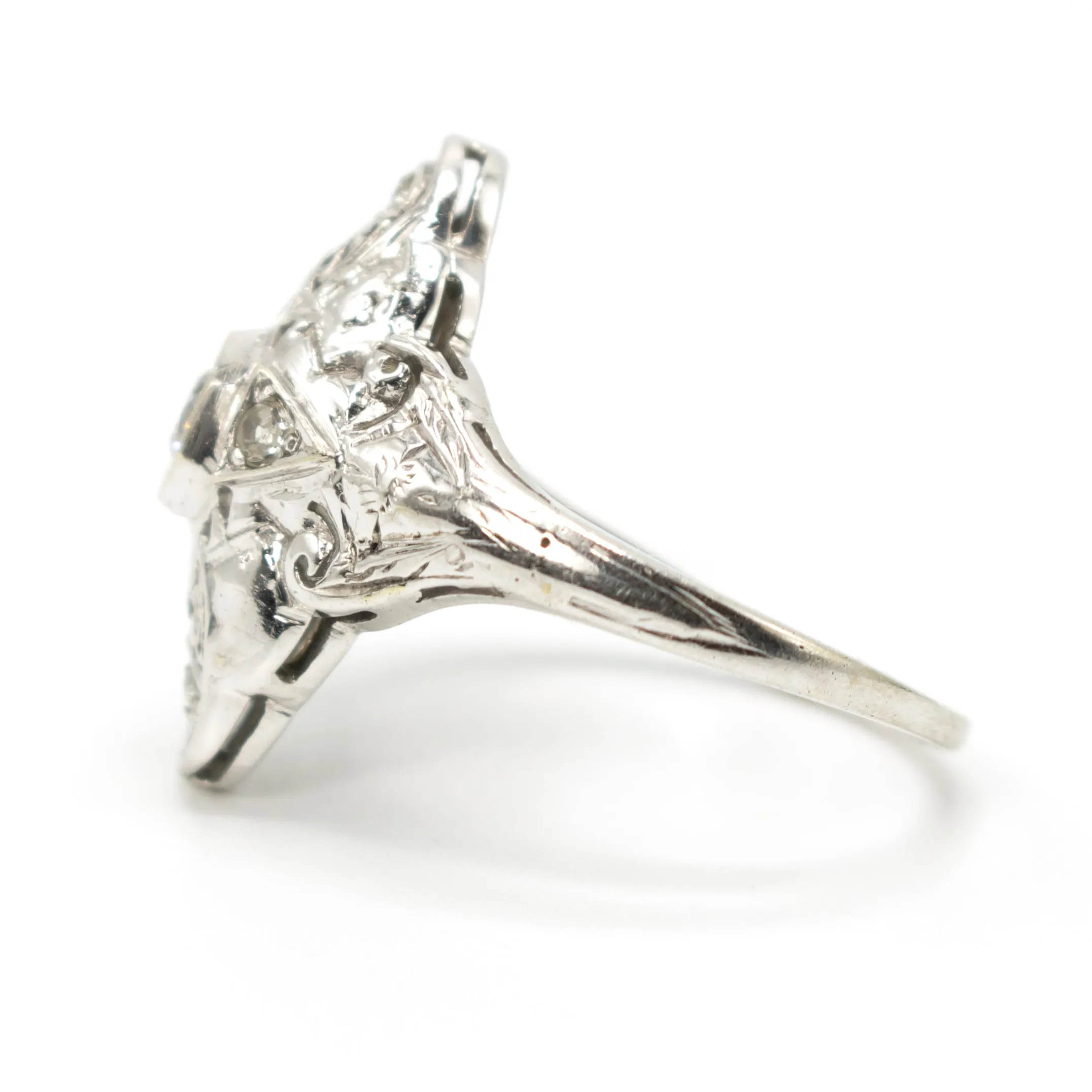 Large Diamond and 18K White Gold Art Deco Navette Ring
