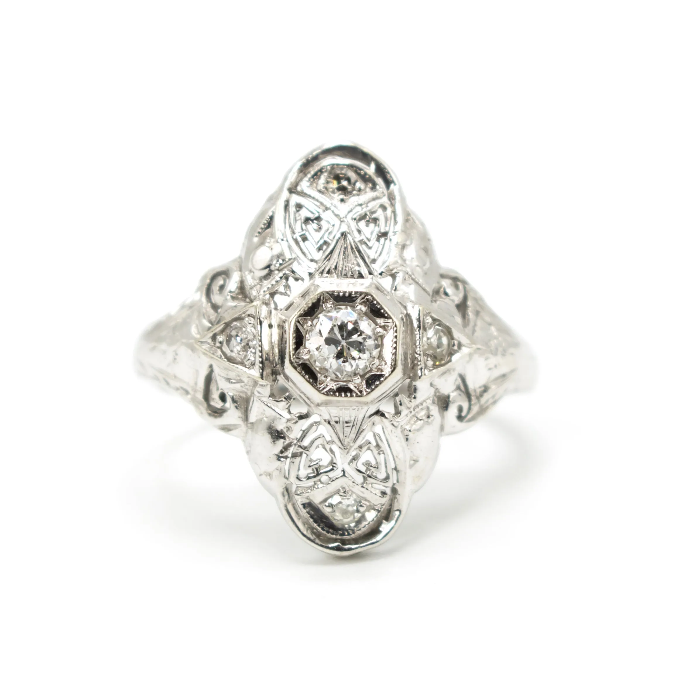 Large Diamond and 18K White Gold Art Deco Navette Ring