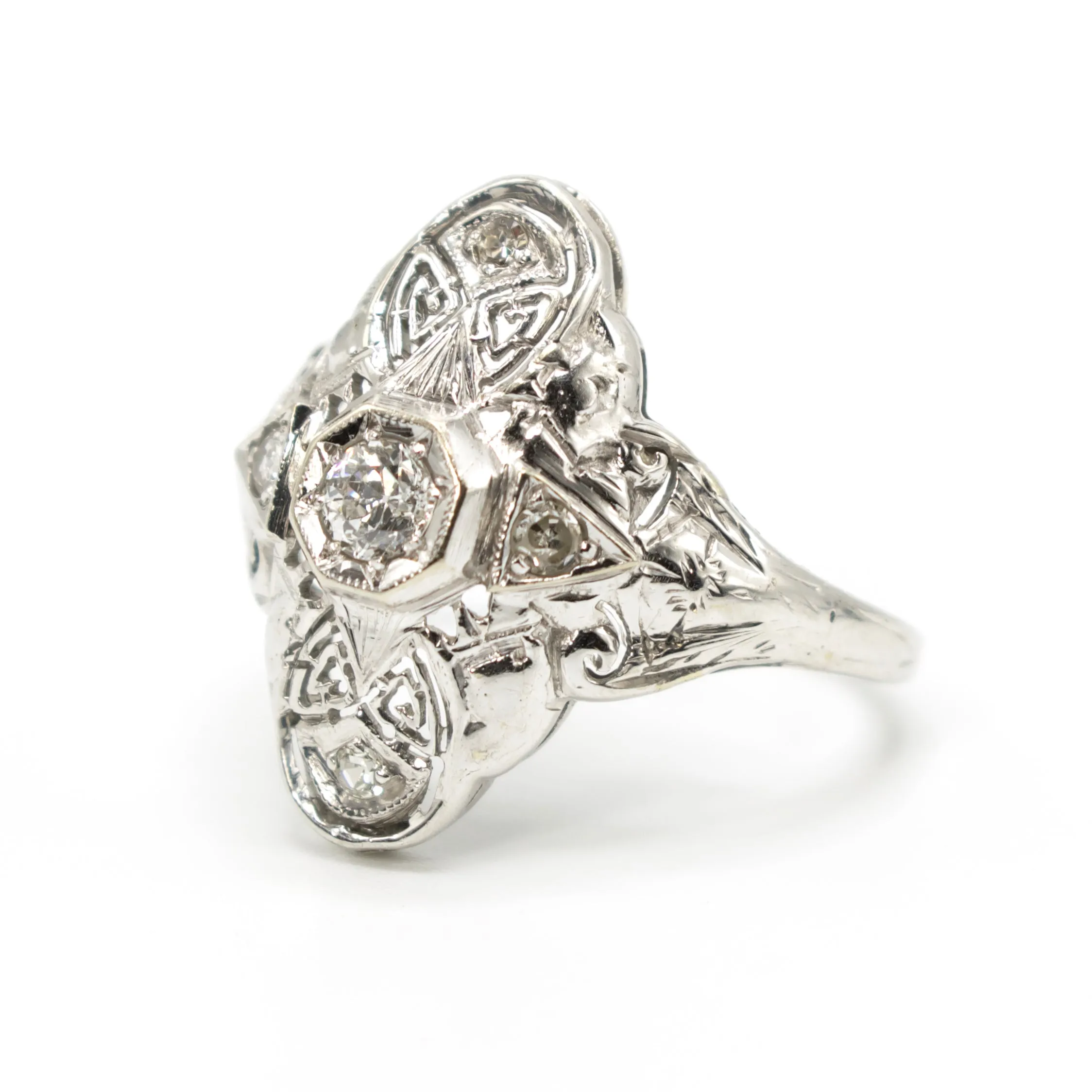Large Diamond and 18K White Gold Art Deco Navette Ring