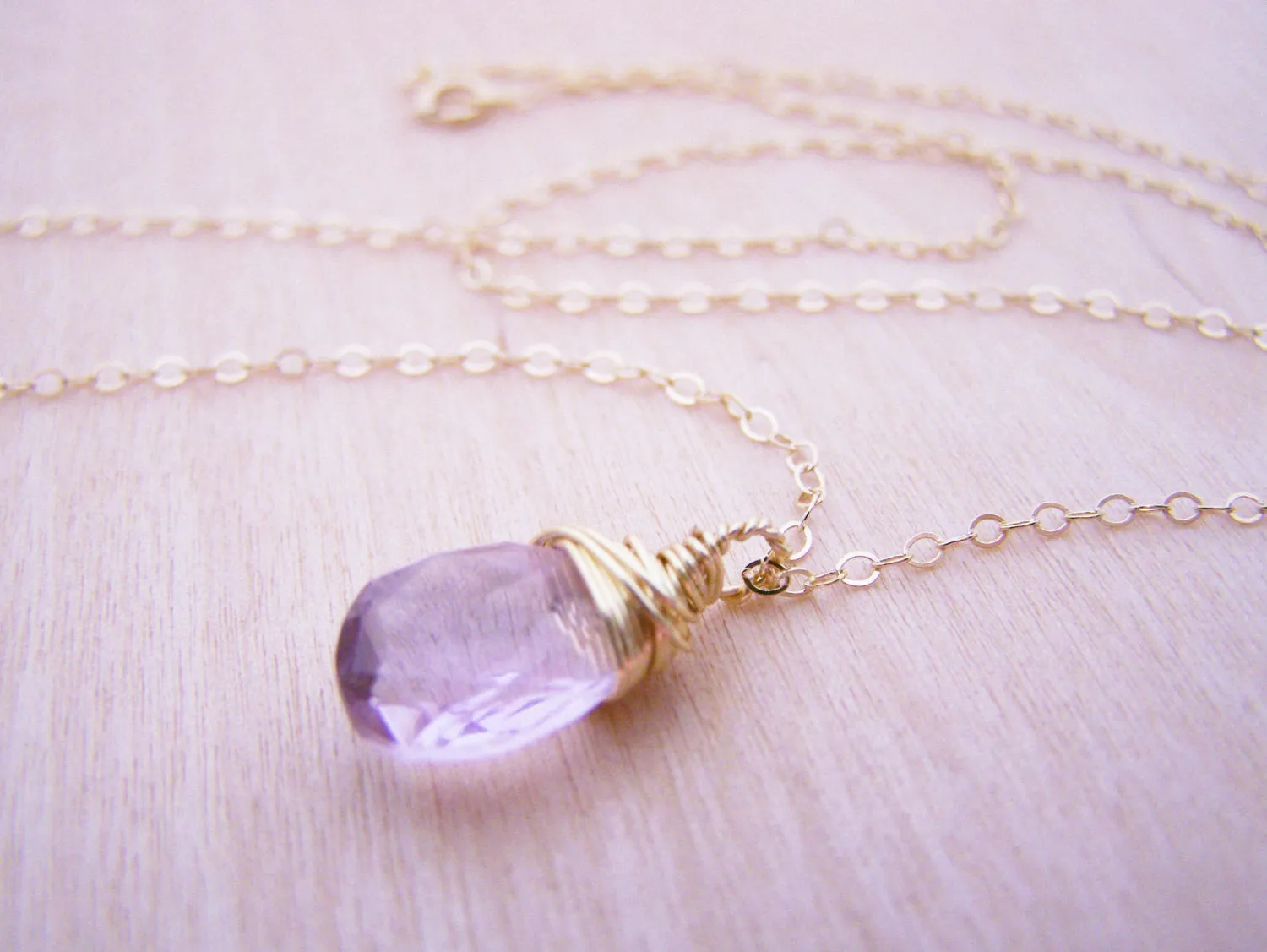 Light Amethyst Gemstone Wire Wrapped Briolette Teardrop Necklace - Gold Filled Necklace - June Birthstone - Pink Amethyst Necklace