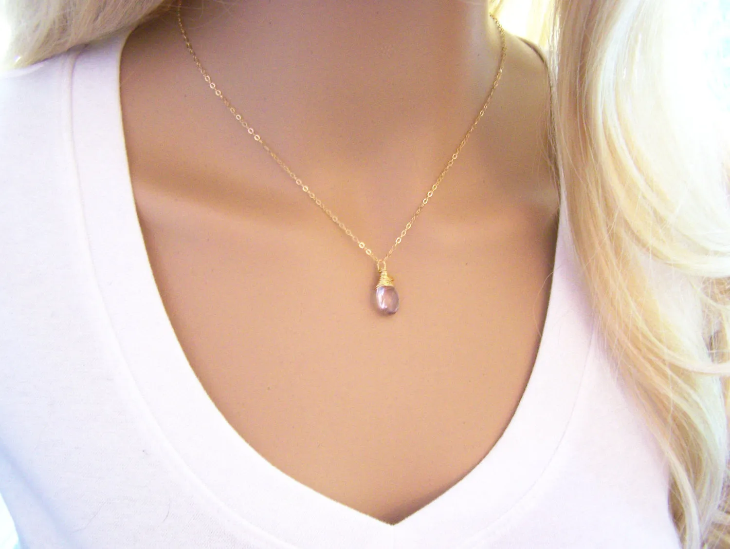 Light Amethyst Gemstone Wire Wrapped Briolette Teardrop Necklace - Gold Filled Necklace - June Birthstone - Pink Amethyst Necklace