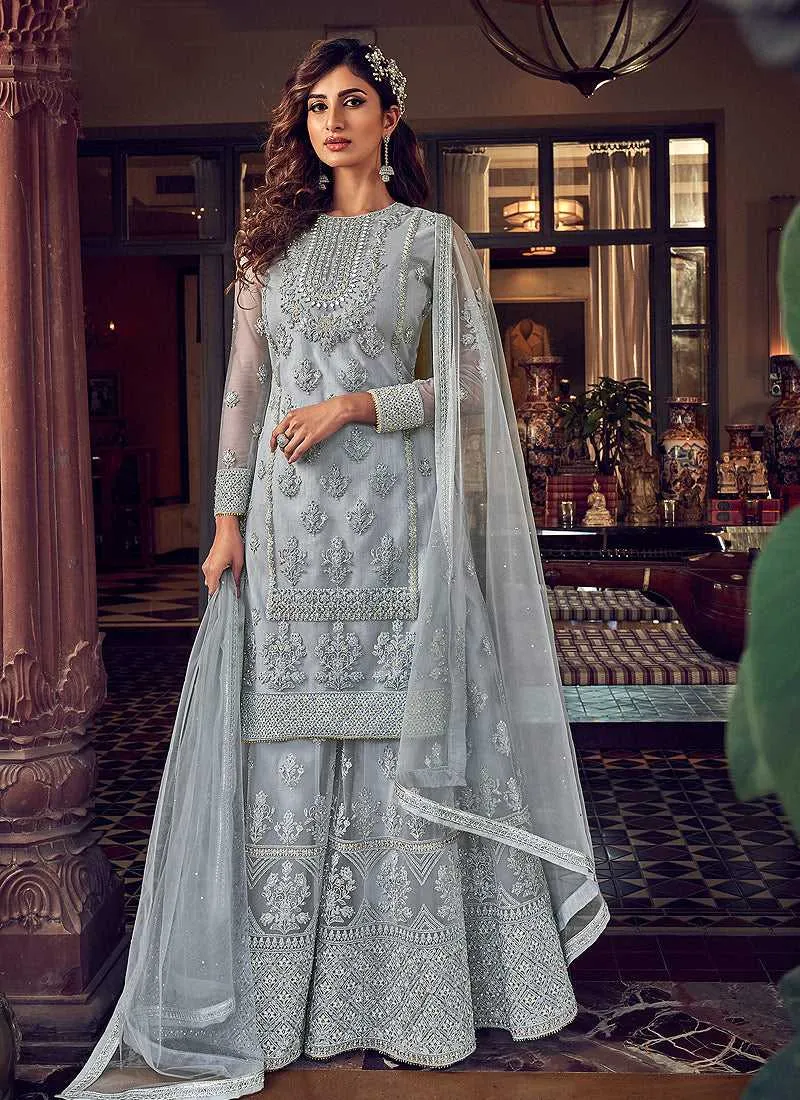 Light Grey Heavy Embroidered Sharara Style Suit
