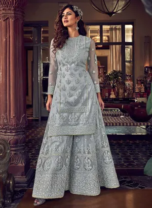 Light Grey Heavy Embroidered Sharara Style Suit