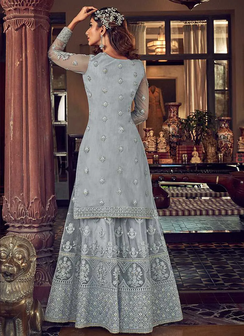 Light Grey Heavy Embroidered Sharara Style Suit