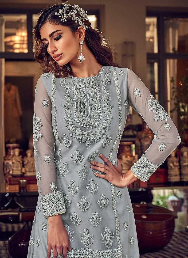 Light Grey Heavy Embroidered Sharara Style Suit