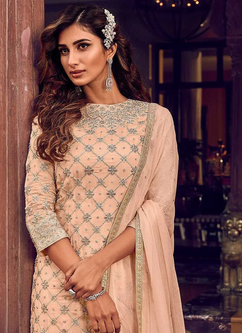 Light Peach Heavy Embroidered Sharara Style Suit