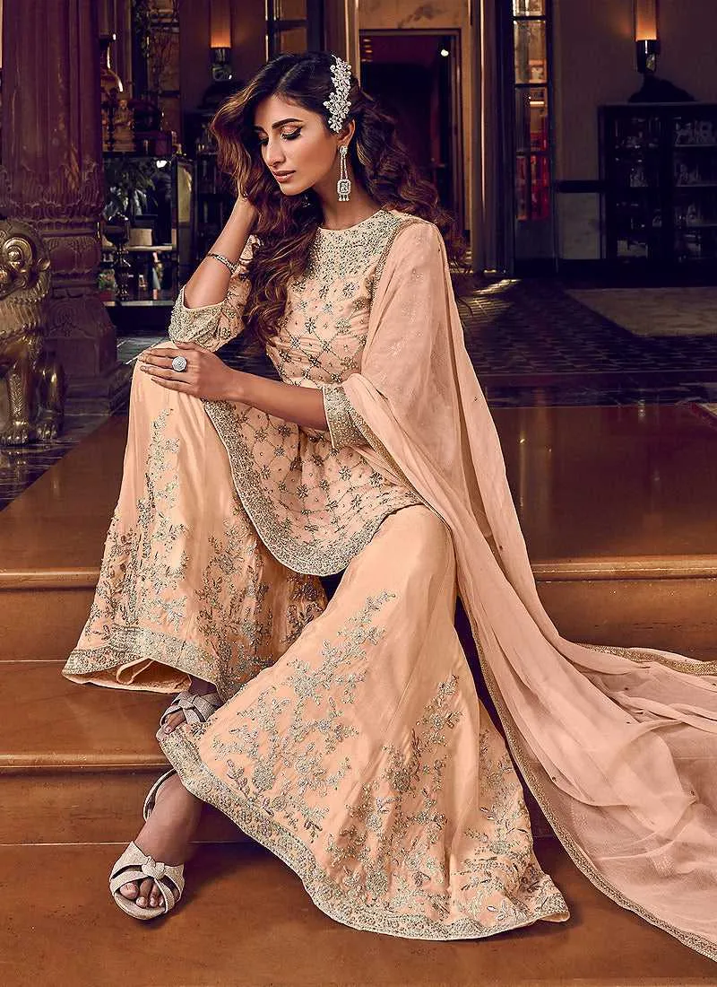 Light Peach Heavy Embroidered Sharara Style Suit