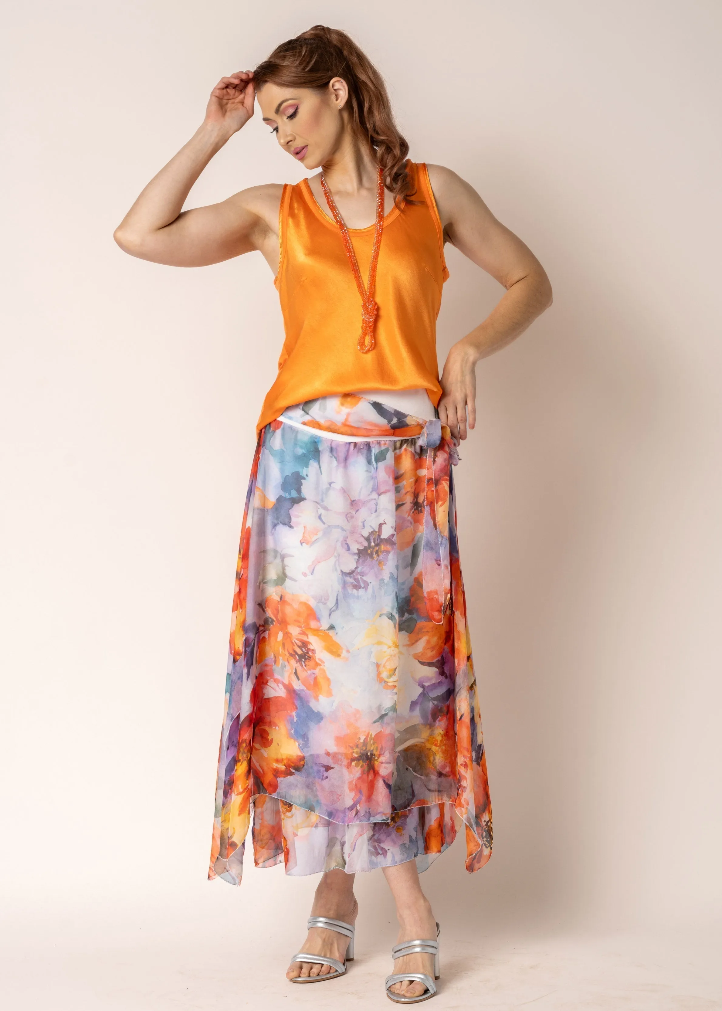 Linn Silk Skirt in Sunset Orange
