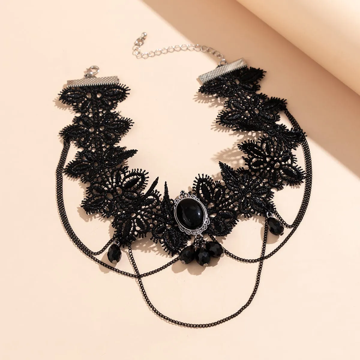 Lolita Layered Cryctal Oval Lace Choker Necklace