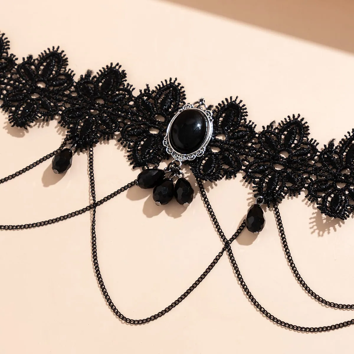 Lolita Layered Cryctal Oval Lace Choker Necklace