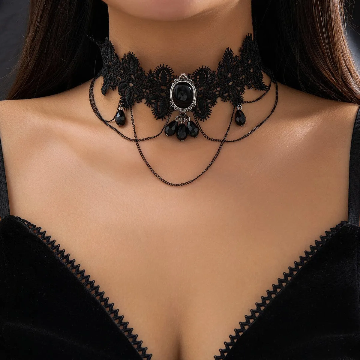 Lolita Layered Cryctal Oval Lace Choker Necklace
