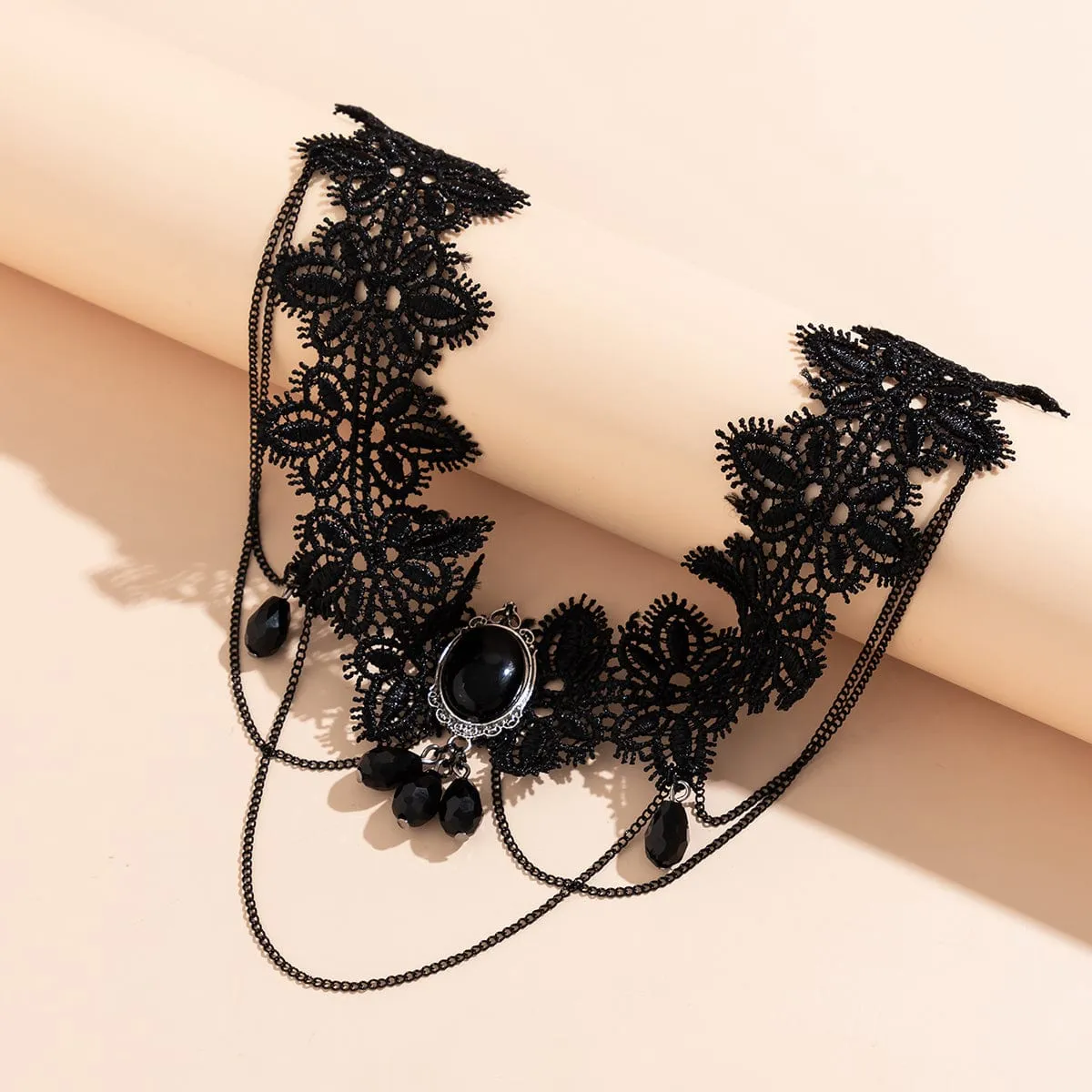 Lolita Layered Cryctal Oval Lace Choker Necklace