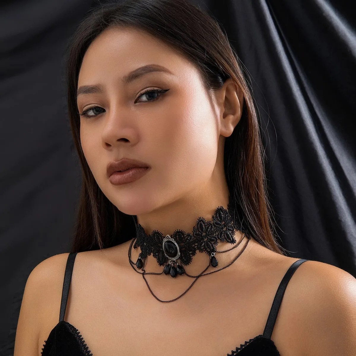Lolita Layered Cryctal Oval Lace Choker Necklace