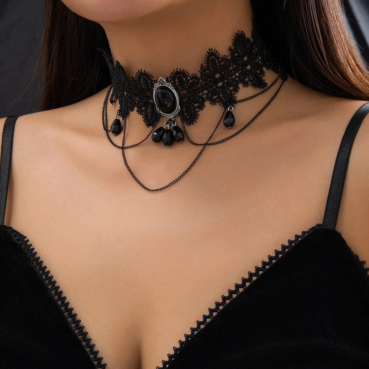 Lolita Layered Cryctal Oval Lace Choker Necklace