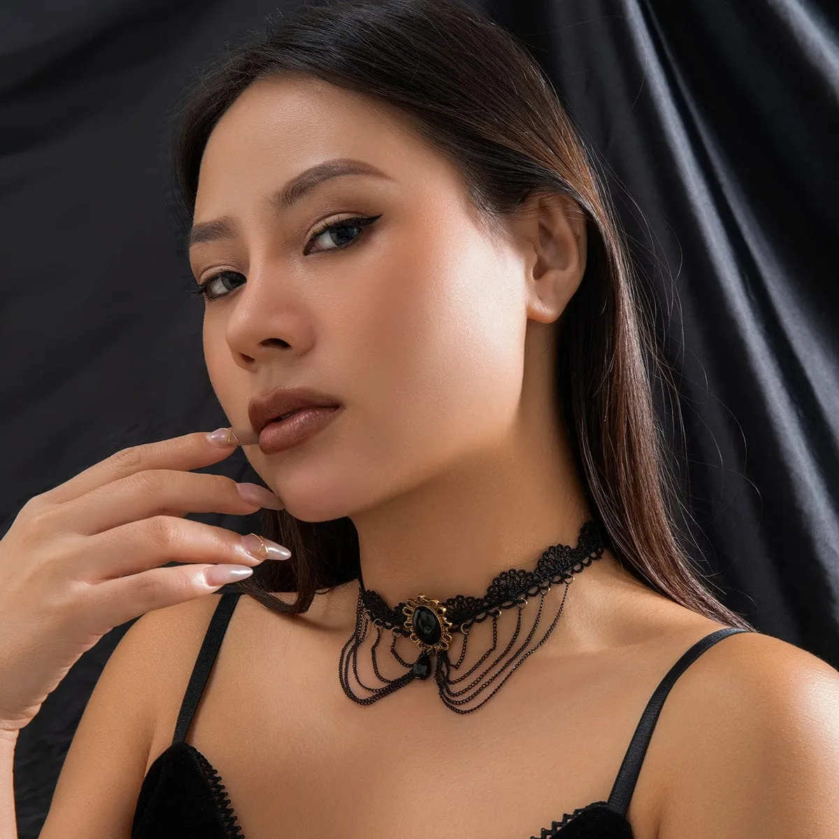 Lolita Layered Oval Rhinestone Pendant Lace Choker Necklace
