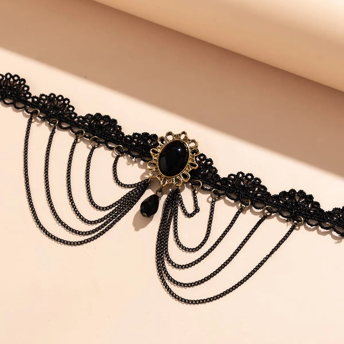 Lolita Layered Oval Rhinestone Pendant Lace Choker Necklace