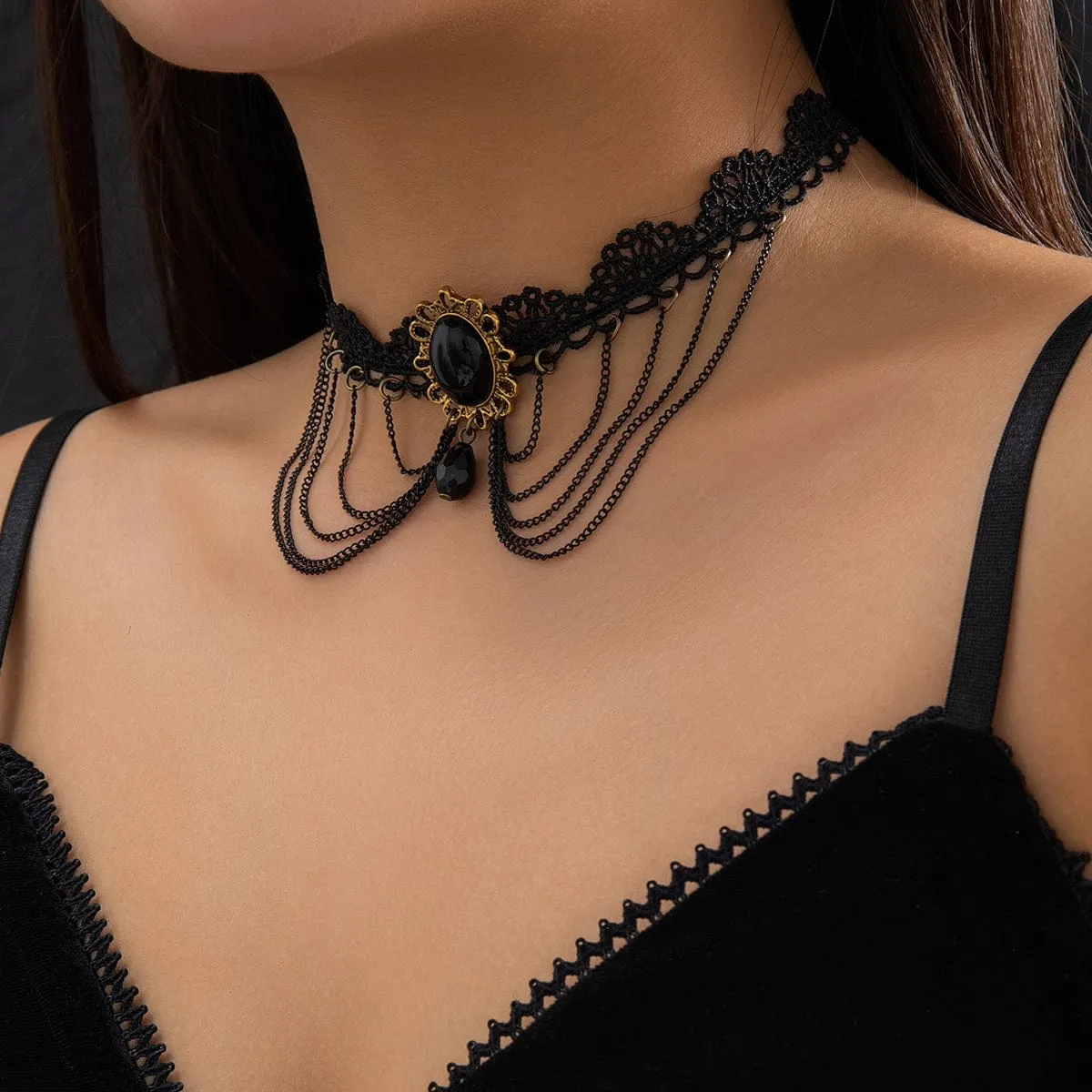 Lolita Layered Oval Rhinestone Pendant Lace Choker Necklace