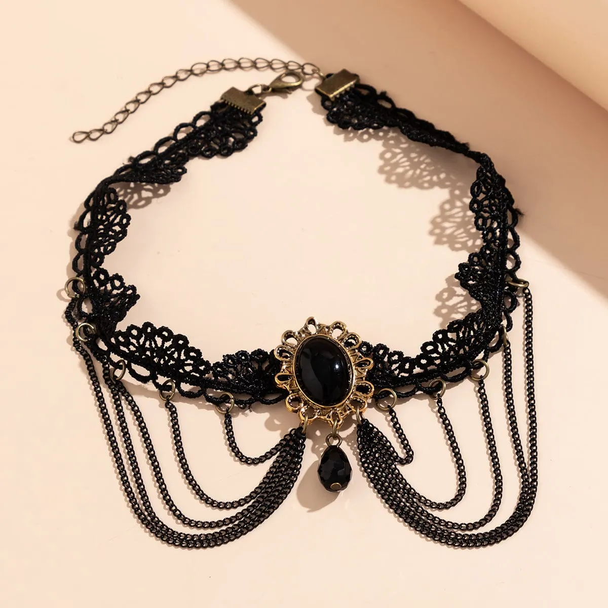 Lolita Layered Oval Rhinestone Pendant Lace Choker Necklace