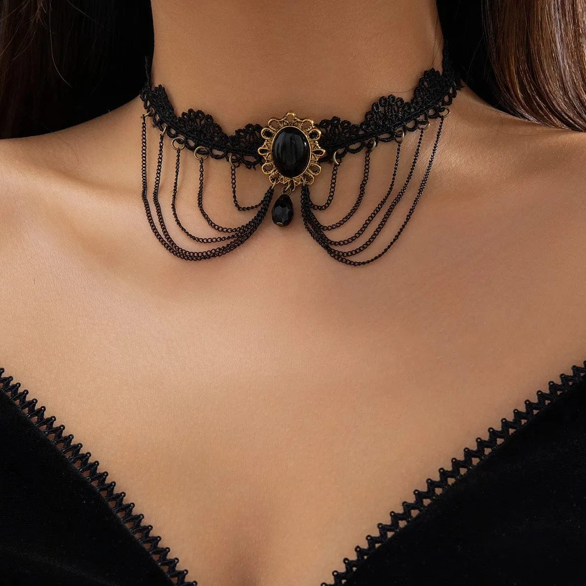 Lolita Layered Oval Rhinestone Pendant Lace Choker Necklace