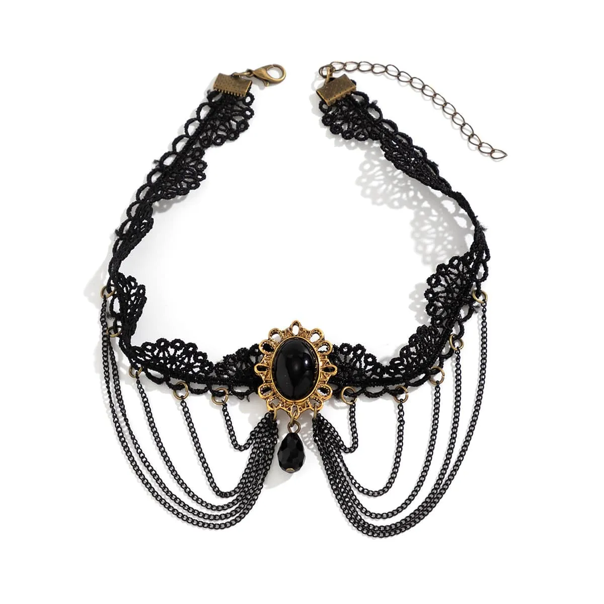 Lolita Layered Oval Rhinestone Pendant Lace Choker Necklace