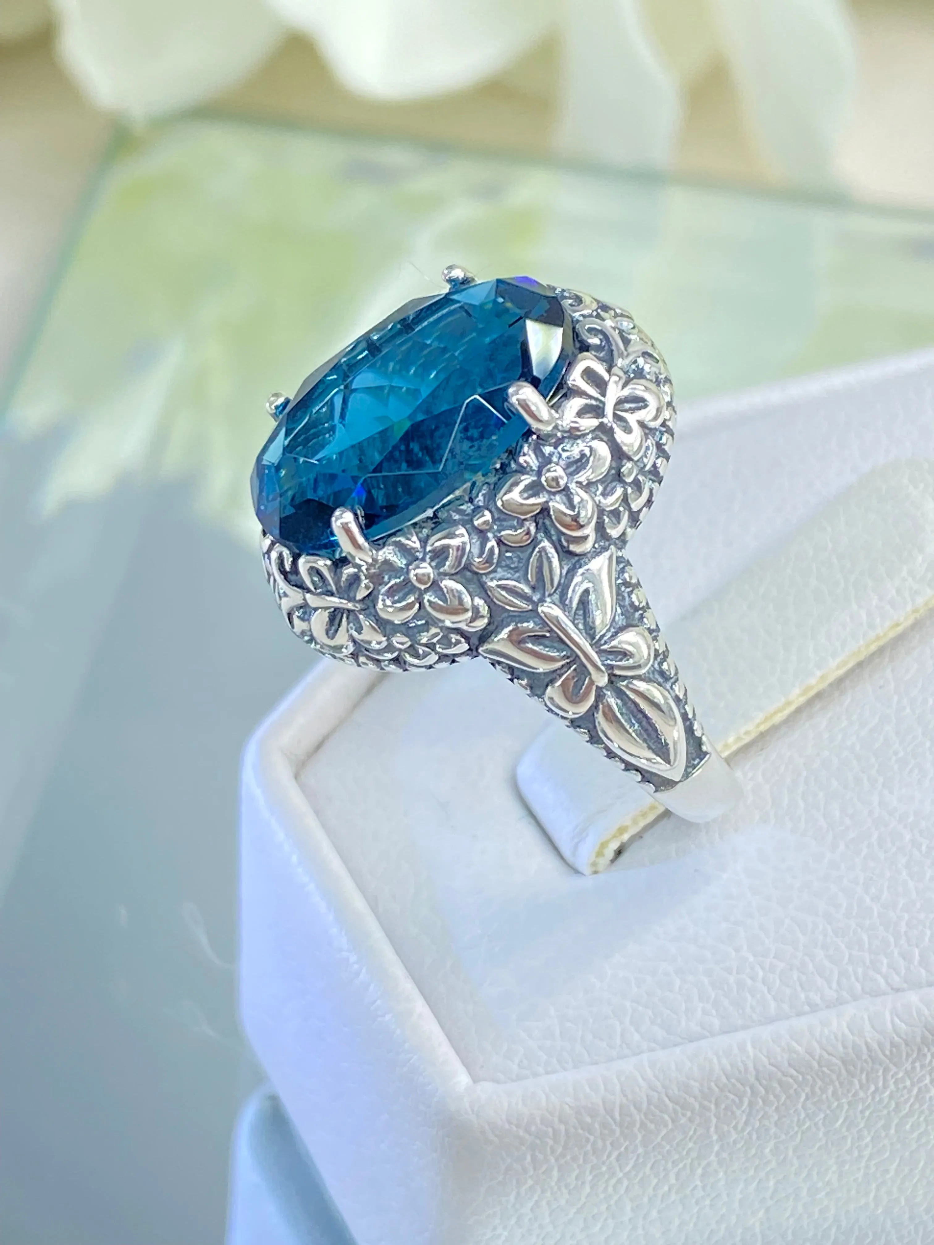 London Blue Butterfly Ring, Size 6, Oval Gemstone, Art Nouveau Vintage Ring, D79 - Ready to Ship