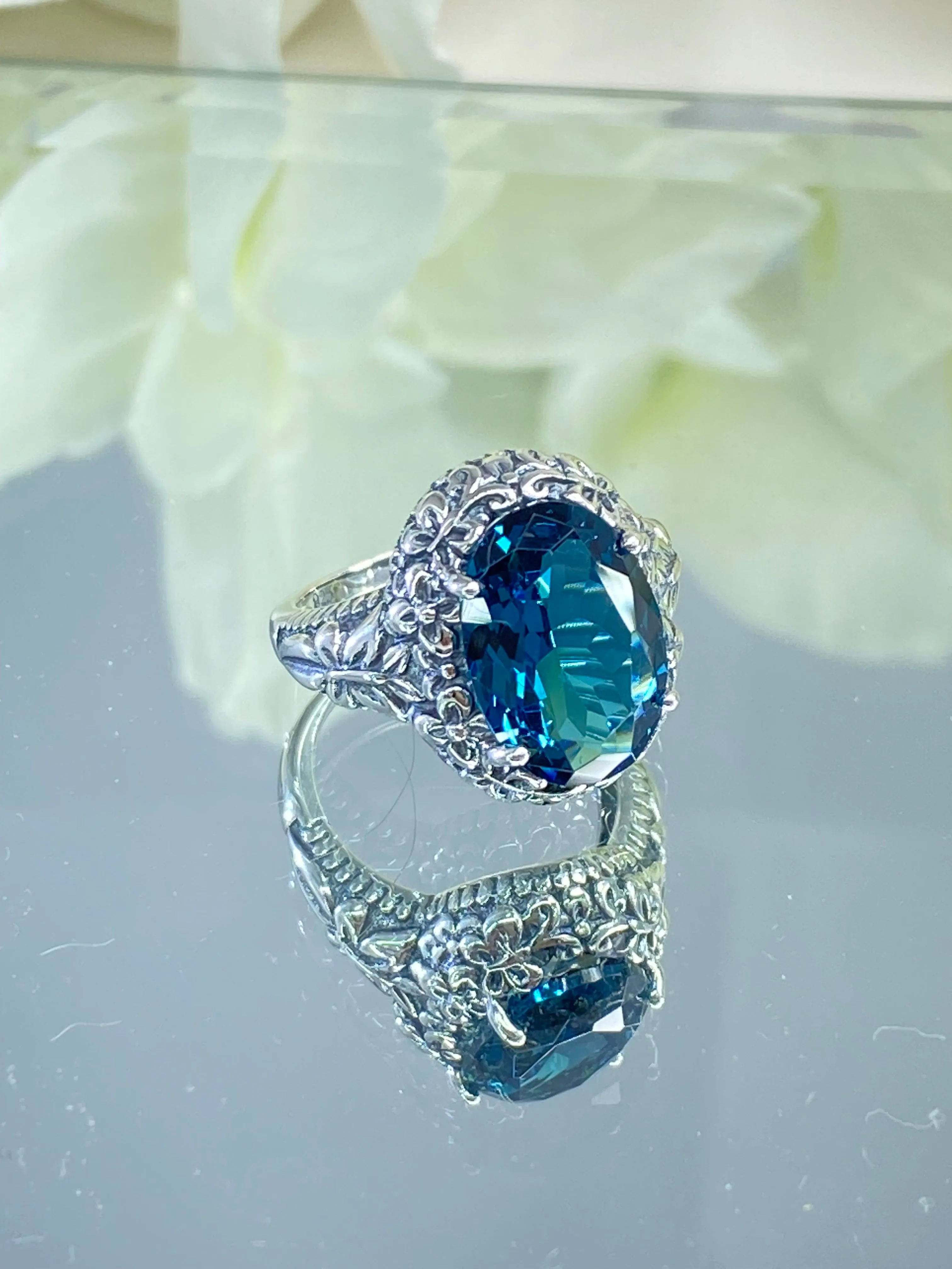 London Blue Butterfly Ring, Size 6, Oval Gemstone, Art Nouveau Vintage Ring, D79 - Ready to Ship
