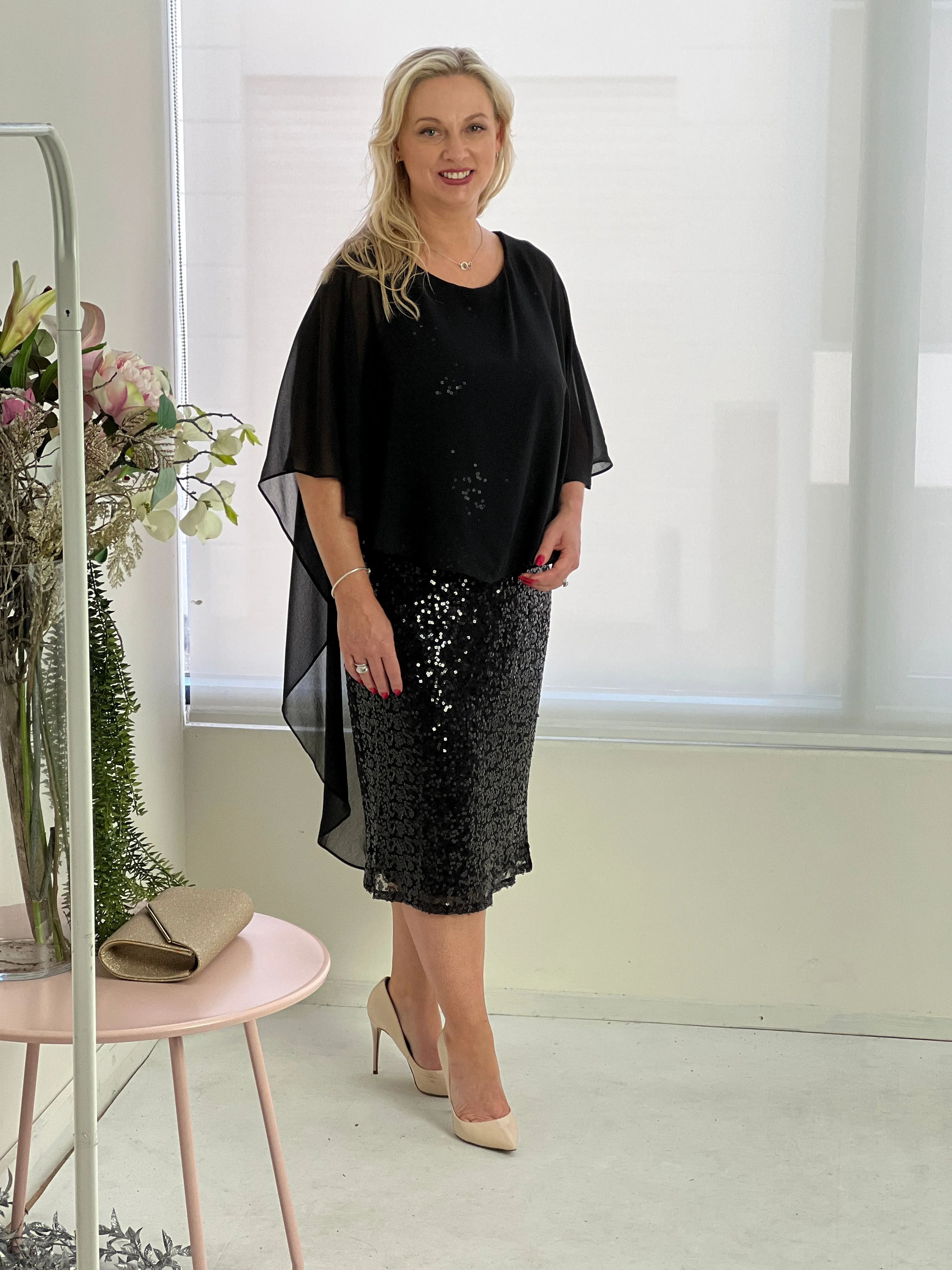 Luina Black Sequin Evening Dress