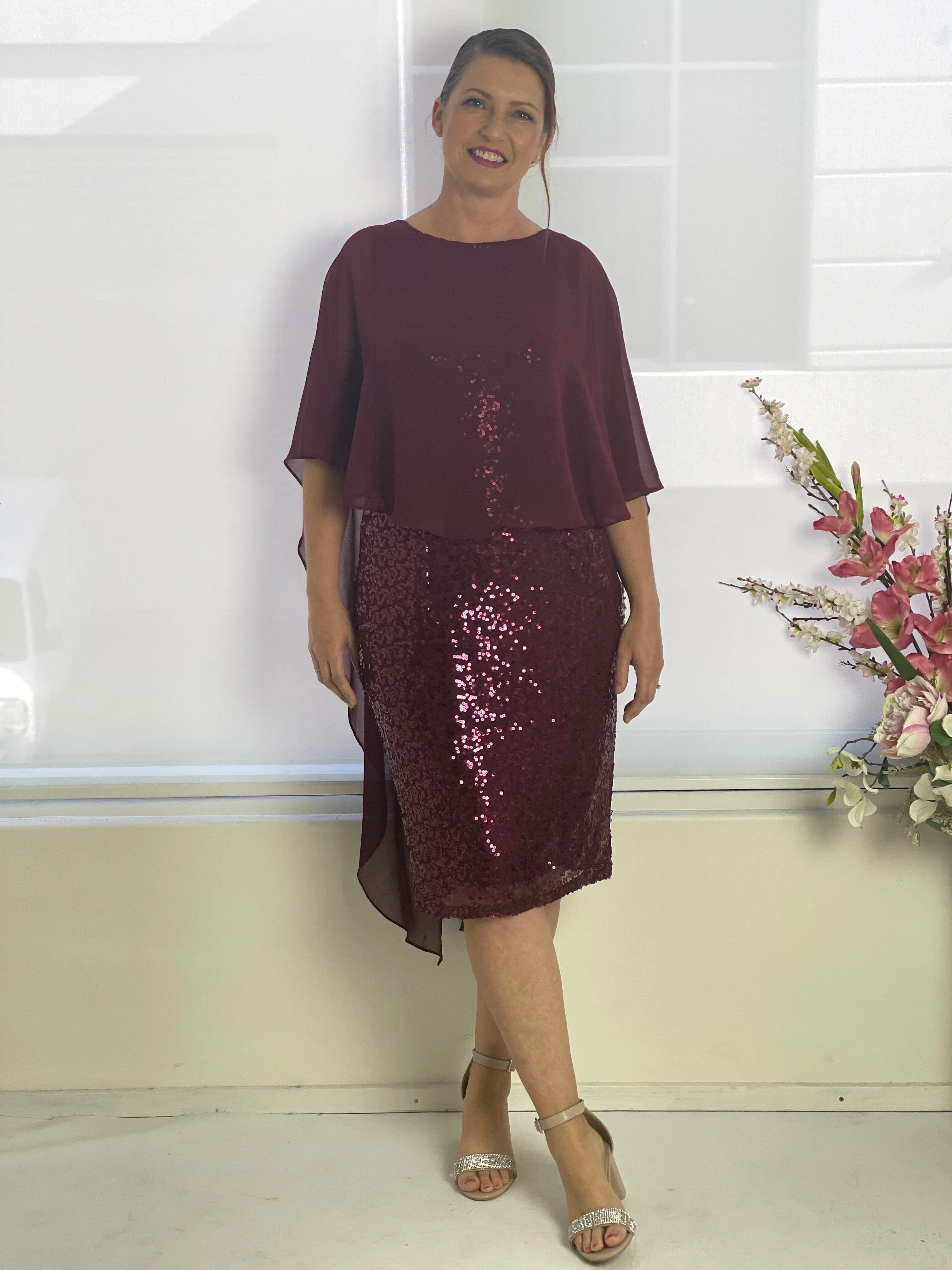 Luina Burgundy Sequin Evening Dress