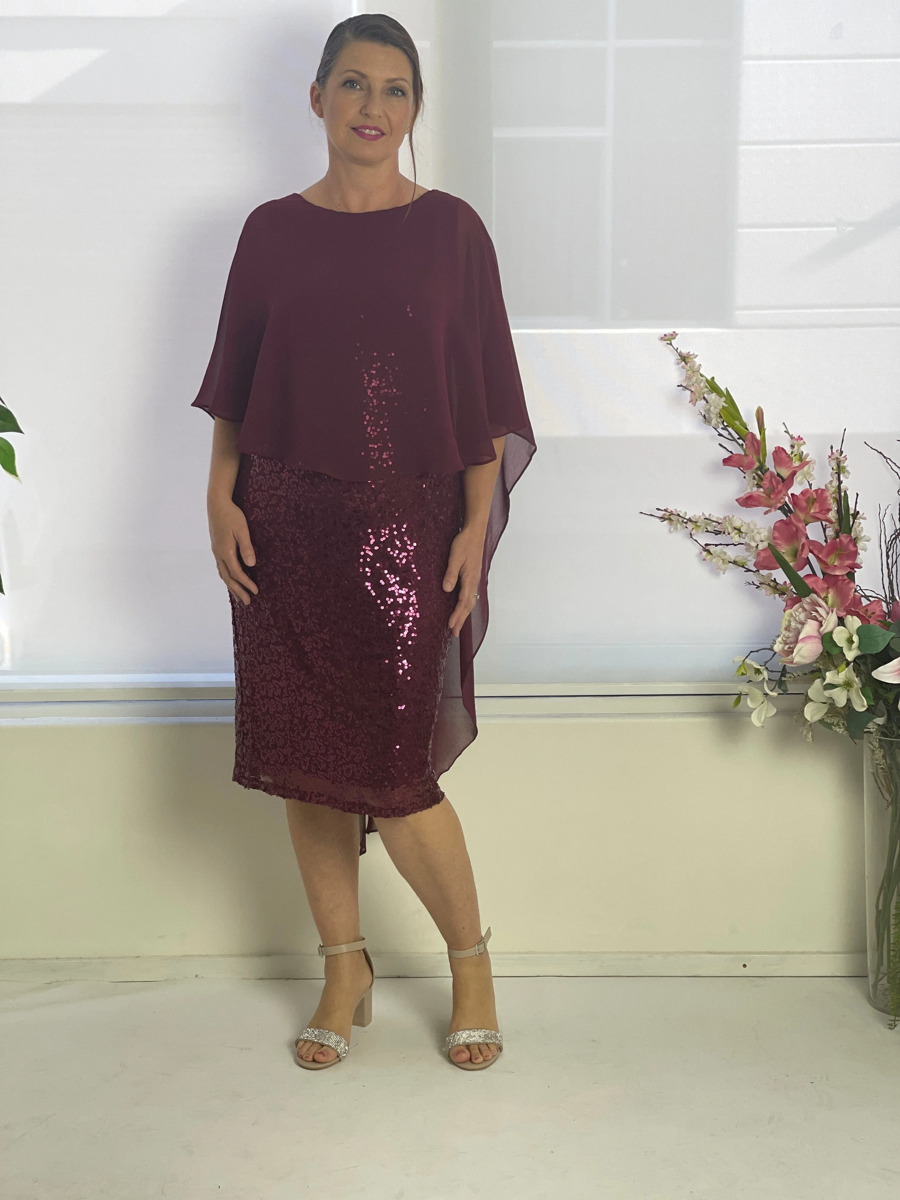 Luina Burgundy Sequin Evening Dress