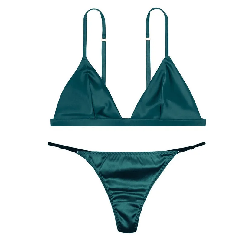 Luxury Silk Ladies Lingerie - Comfort Satin Bralette Wireless Bra Sets with Sexy Lace Green Brief