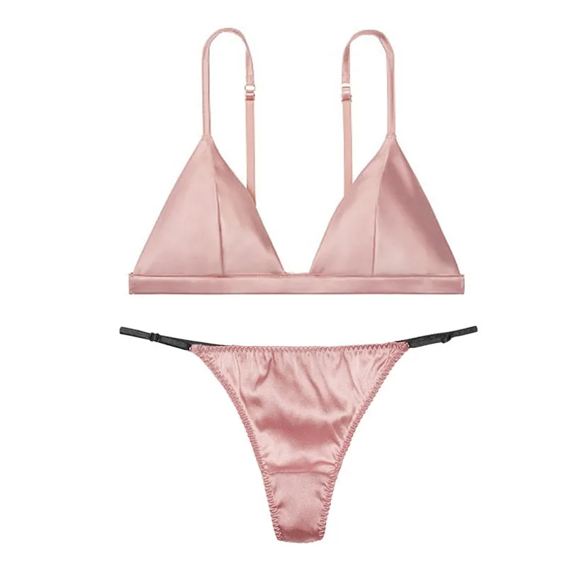 Luxury Silk Ladies Lingerie - Comfort Satin Bralette Wireless Bra Sets with Sexy Lace Green Brief