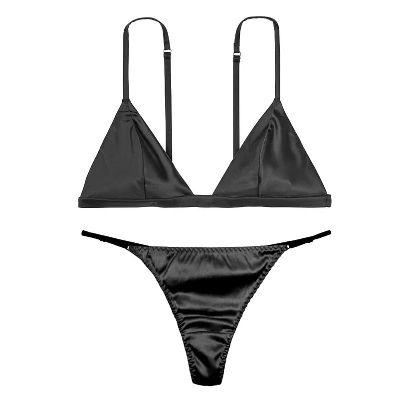 Luxury Silk Ladies Lingerie - Comfort Satin Bralette Wireless Bra Sets with Sexy Lace Green Brief
