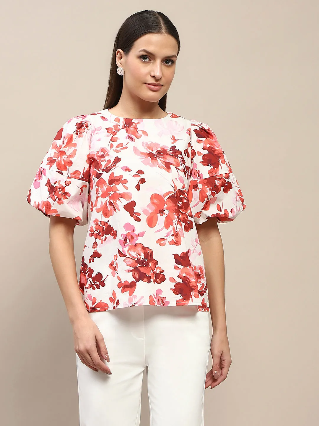 Madame Floral Print Red Cotton Top