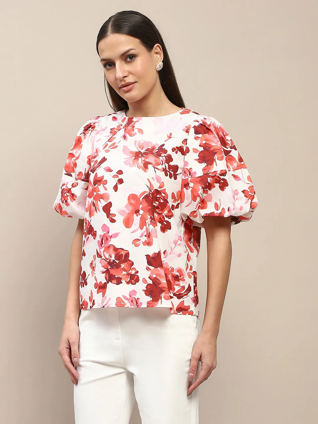 Madame Floral Print Red Cotton Top