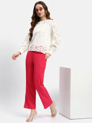 Madame Schiffli White Crew Neck Top