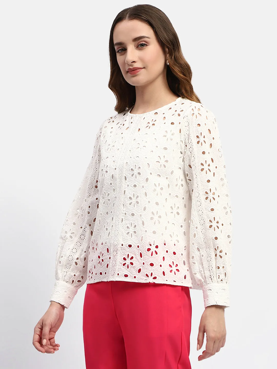 Madame Schiffli White Crew Neck Top