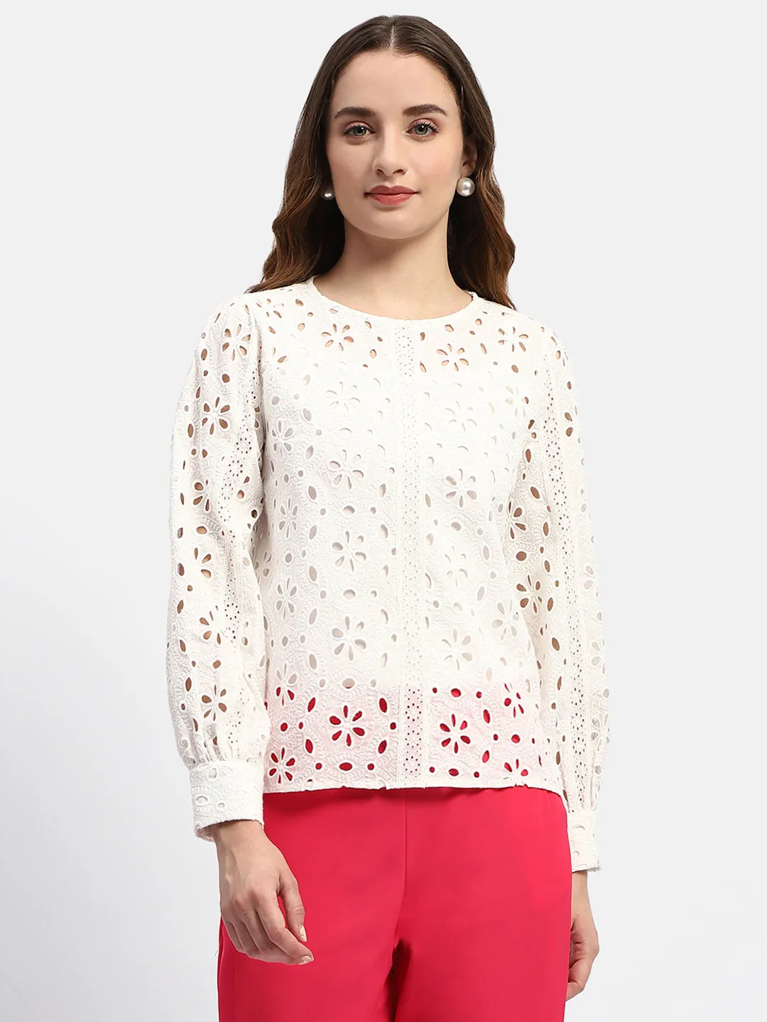 Madame Schiffli White Crew Neck Top
