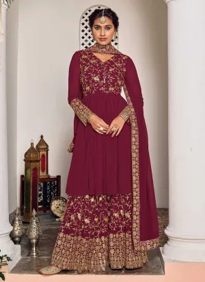 Maroon and Gold Heavy Embroidered Sharara Suit