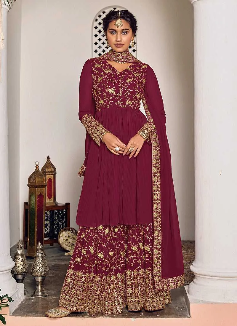 Maroon and Gold Heavy Embroidered Sharara Suit