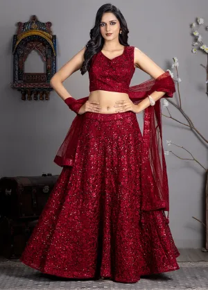 Maroon Net Readymade Lehenga With Dupatta