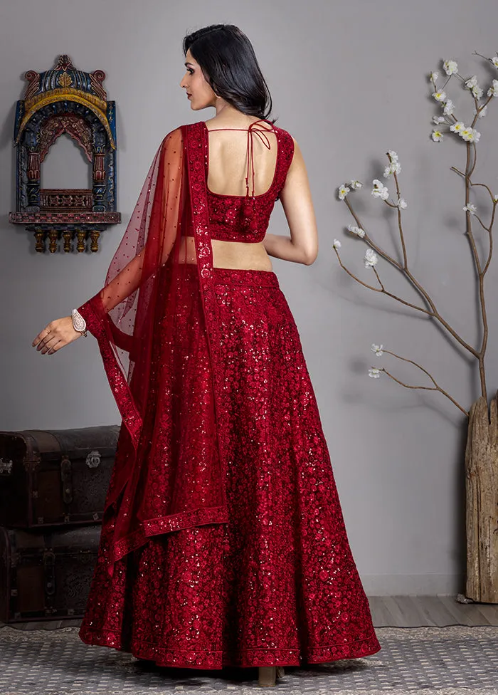 Maroon Net Readymade Lehenga With Dupatta